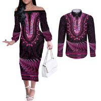 Pink African Dashiki With Aotearoa Maori Couples Matching Off The Shoulder Long Sleeve Dress and Long Sleeve Button Shirt Paua Shell Mix Silver Fern LT14 Pink - Polynesian Pride