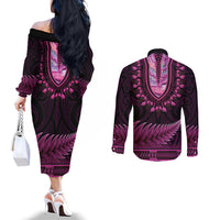 Pink African Dashiki With Aotearoa Maori Couples Matching Off The Shoulder Long Sleeve Dress and Long Sleeve Button Shirt Paua Shell Mix Silver Fern LT14 - Polynesian Pride