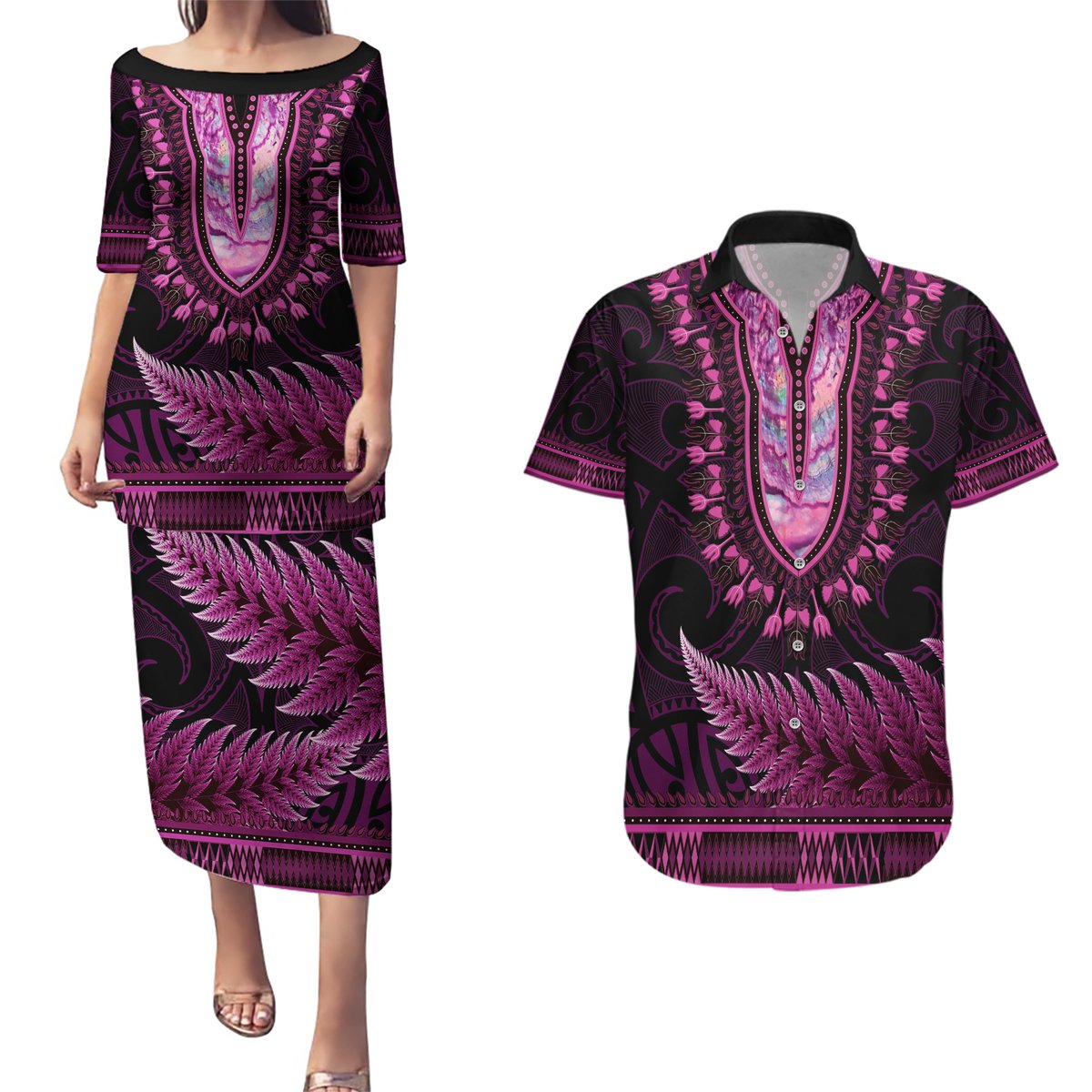 Pink African Dashiki With Aotearoa Maori Couples Matching Puletasi and Hawaiian Shirt Paua Shell Mix Silver Fern LT14 Pink - Polynesian Pride