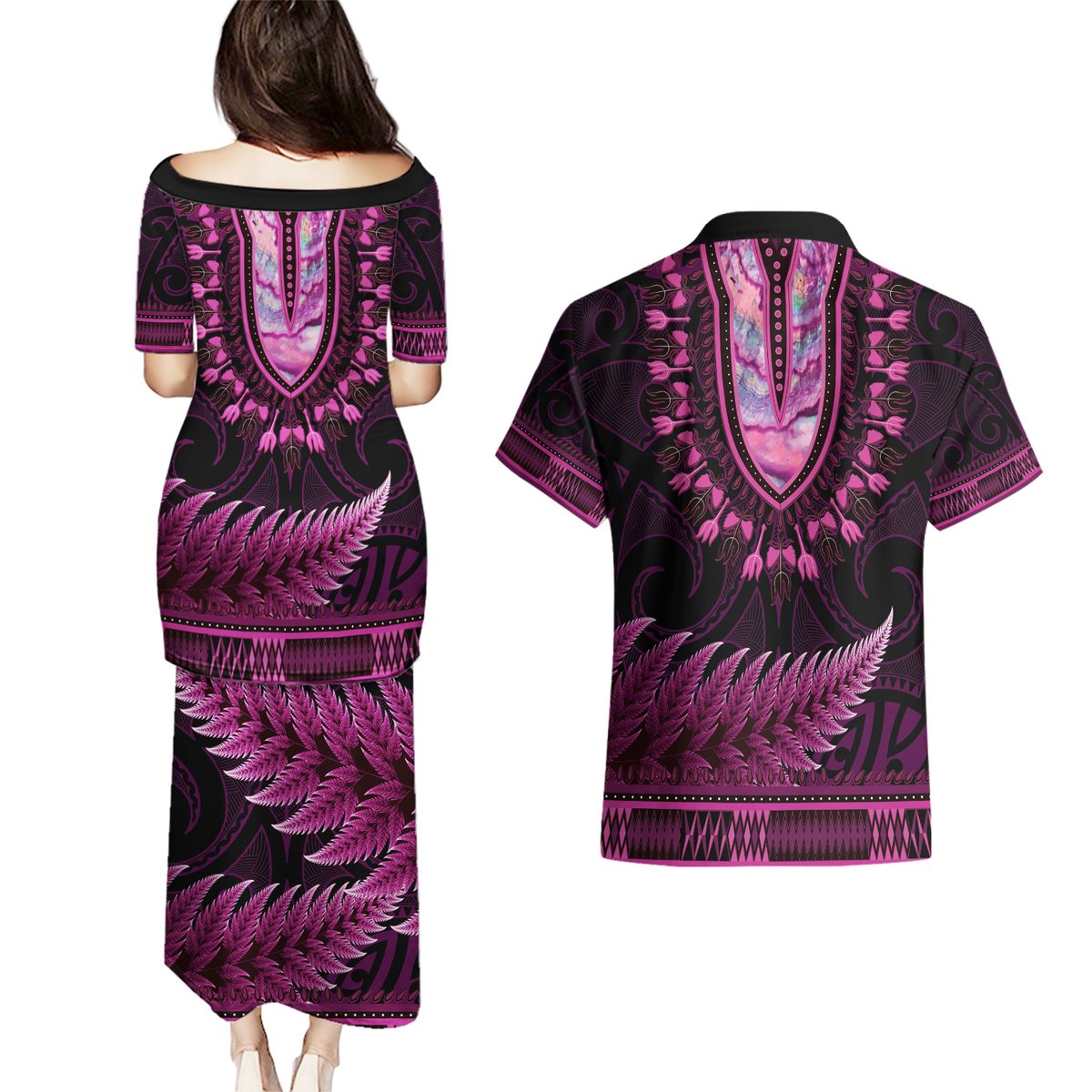 Pink African Dashiki With Aotearoa Maori Couples Matching Puletasi and Hawaiian Shirt Paua Shell Mix Silver Fern LT14 - Polynesian Pride