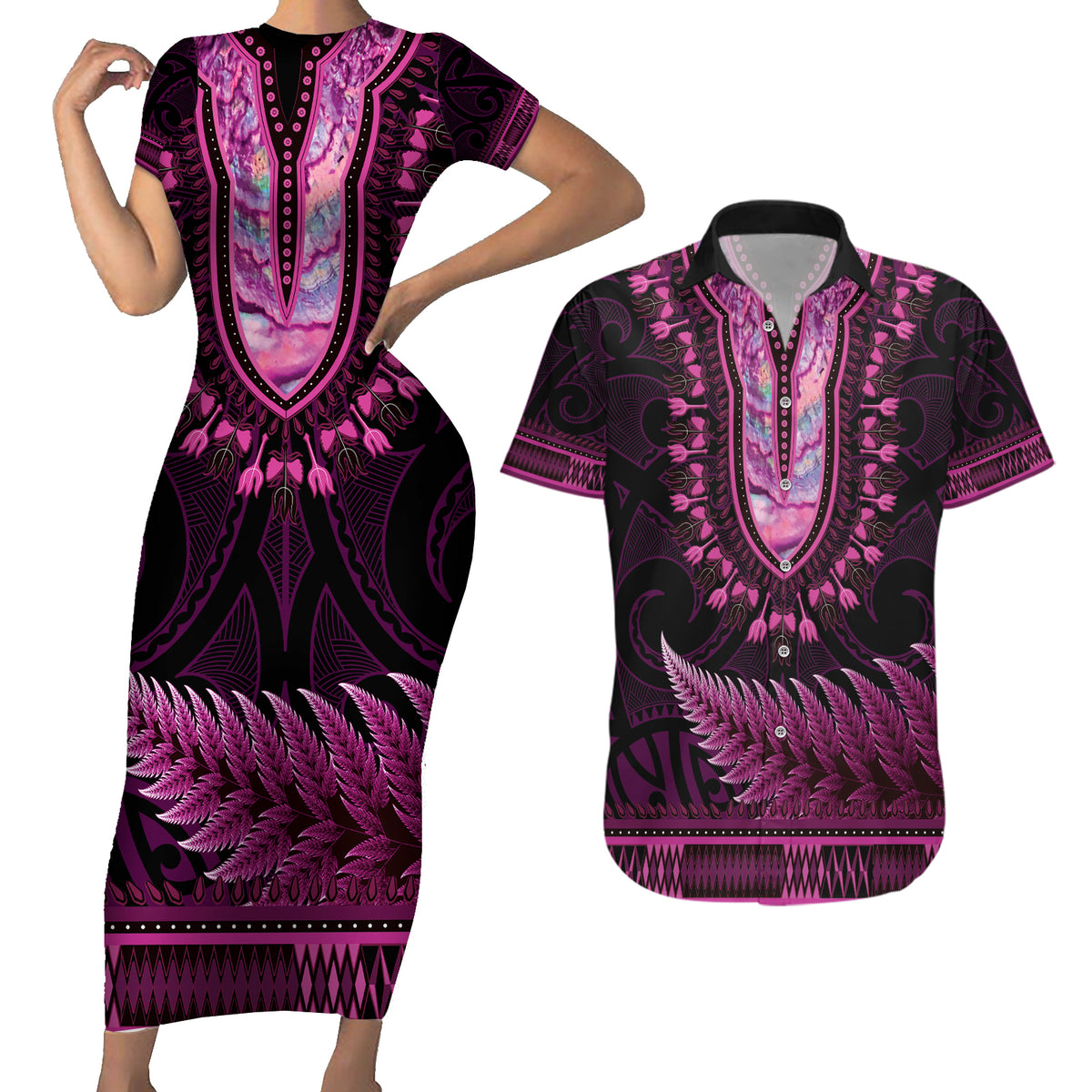 Pink African Dashiki With Aotearoa Maori Couples Matching Short Sleeve Bodycon Dress and Hawaiian Shirt Paua Shell Mix Silver Fern