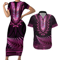 Pink African Dashiki With Aotearoa Maori Couples Matching Short Sleeve Bodycon Dress and Hawaiian Shirt Paua Shell Mix Silver Fern