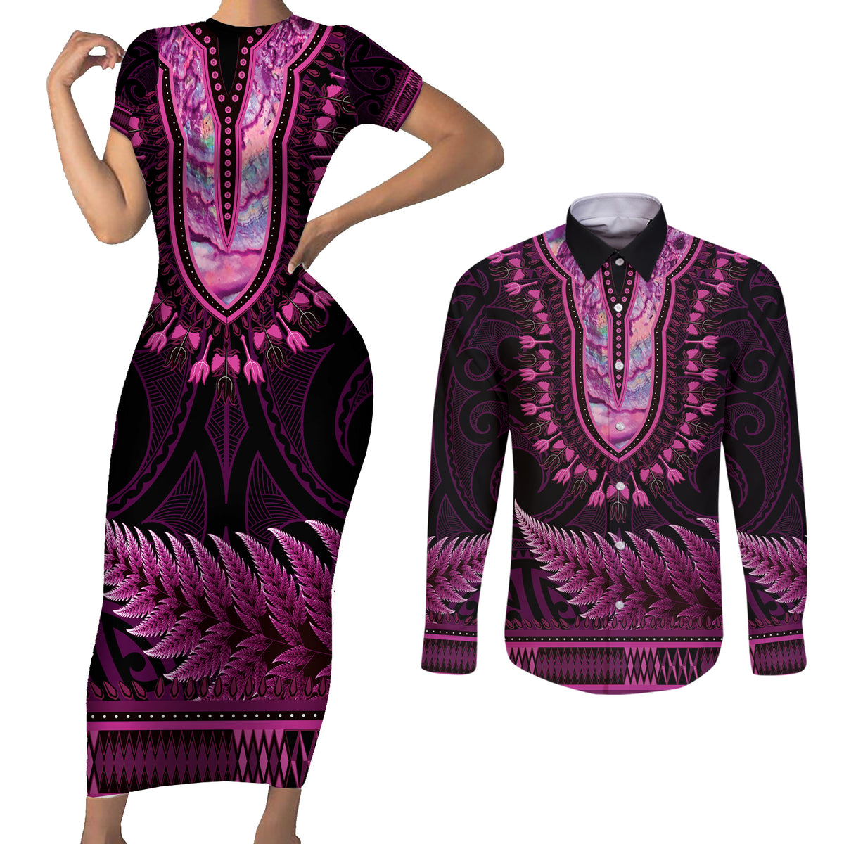 Pink African Dashiki With Aotearoa Maori Couples Matching Short Sleeve Bodycon Dress and Long Sleeve Button Shirt Paua Shell Mix Silver Fern LT14 Pink - Polynesian Pride