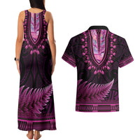 Pink African Dashiki With Aotearoa Maori Couples Matching Tank Maxi Dress and Hawaiian Shirt Paua Shell Mix Silver Fern LT14 - Polynesian Pride