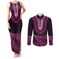 Pink African Dashiki With Aotearoa Maori Couples Matching Tank Maxi Dress and Long Sleeve Button Shirt Paua Shell Mix Silver Fern LT14 Pink - Polynesian Pride