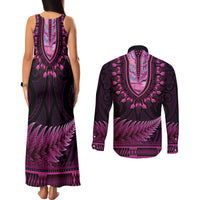 Pink African Dashiki With Aotearoa Maori Couples Matching Tank Maxi Dress and Long Sleeve Button Shirt Paua Shell Mix Silver Fern LT14 - Polynesian Pride