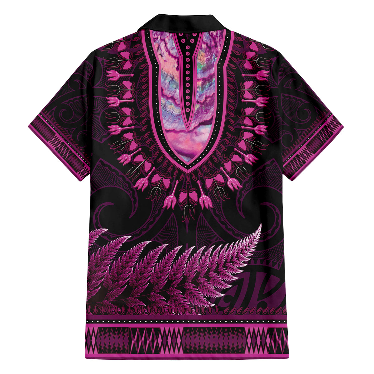 Pink African Dashiki With Aotearoa Maori Family Matching Long Sleeve Bodycon Dress and Hawaiian Shirt Paua Shell Mix Silver Fern