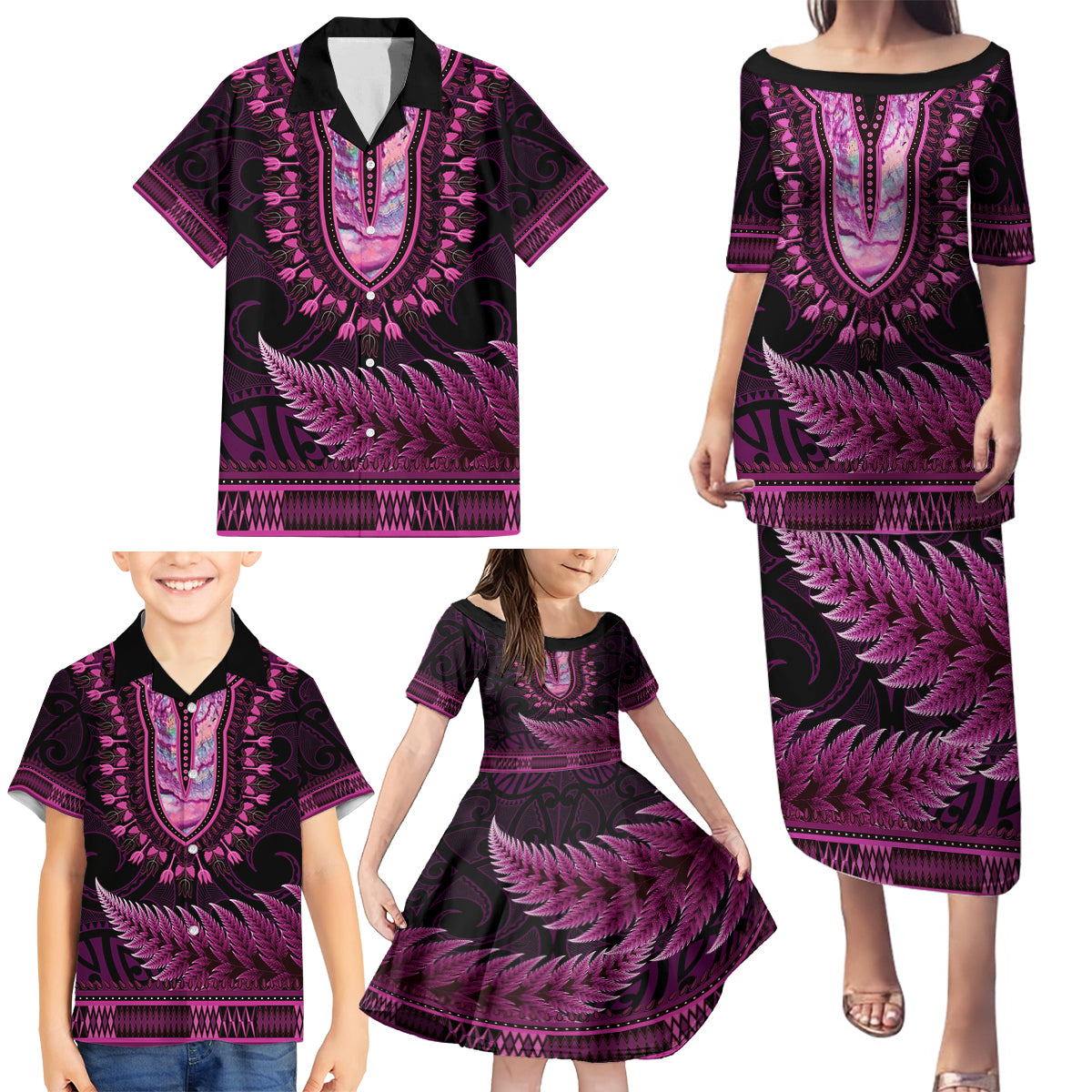 Pink African Dashiki With Aotearoa Maori Family Matching Puletasi and Hawaiian Shirt Paua Shell Mix Silver Fern LT14 - Polynesian Pride
