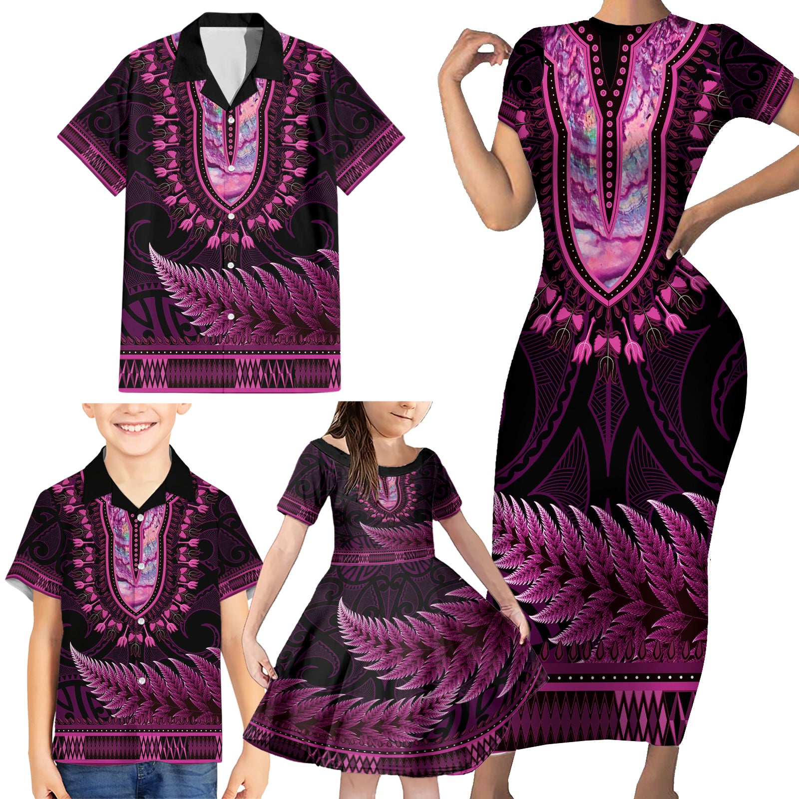 Pink African Dashiki With Aotearoa Maori Family Matching Short Sleeve Bodycon Dress and Hawaiian Shirt Paua Shell Mix Silver Fern LT14 - Polynesian Pride