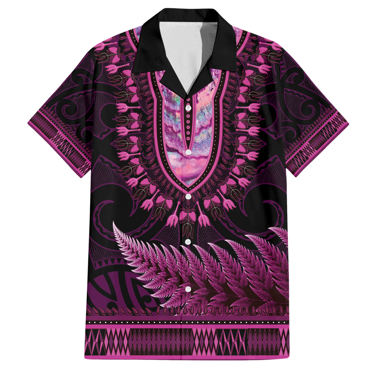 Pink African Dashiki With Aotearoa Maori Family Matching Short Sleeve Bodycon Dress and Hawaiian Shirt Paua Shell Mix Silver Fern LT14 Dad's Shirt - Short Sleeve Pink - Polynesian Pride