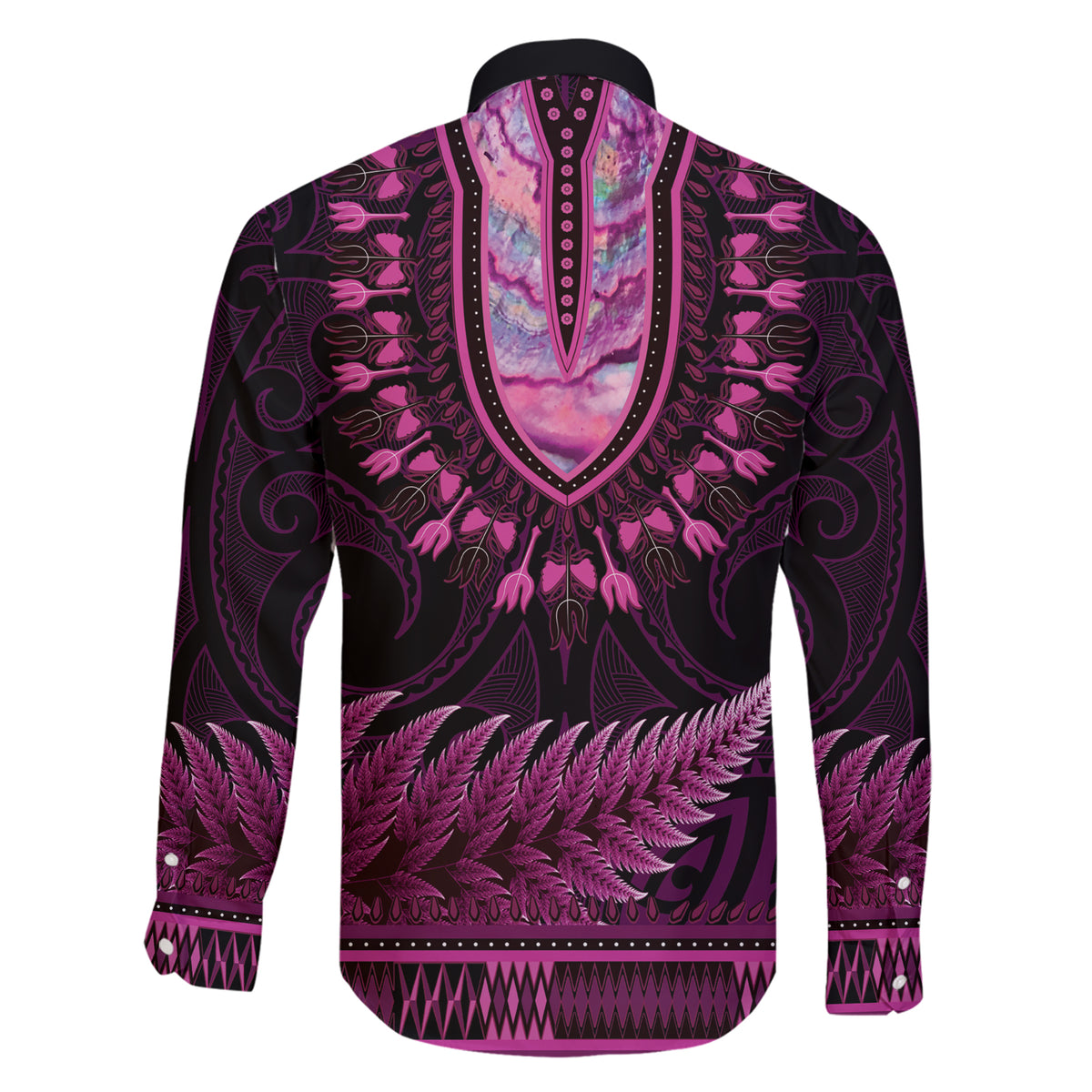 Pink African Dashiki With Aotearoa Maori Family Matching Short Sleeve Bodycon Dress and Hawaiian Shirt Paua Shell Mix Silver Fern LT14 - Polynesian Pride