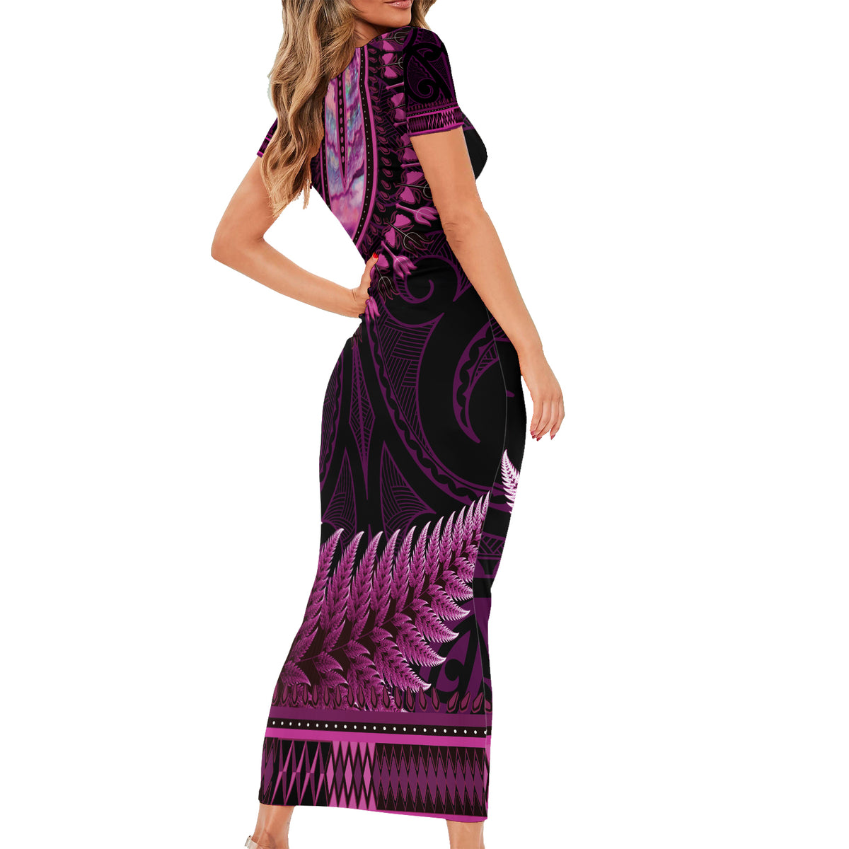 Pink African Dashiki With Aotearoa Maori Family Matching Short Sleeve Bodycon Dress and Hawaiian Shirt Paua Shell Mix Silver Fern LT14 - Polynesian Pride
