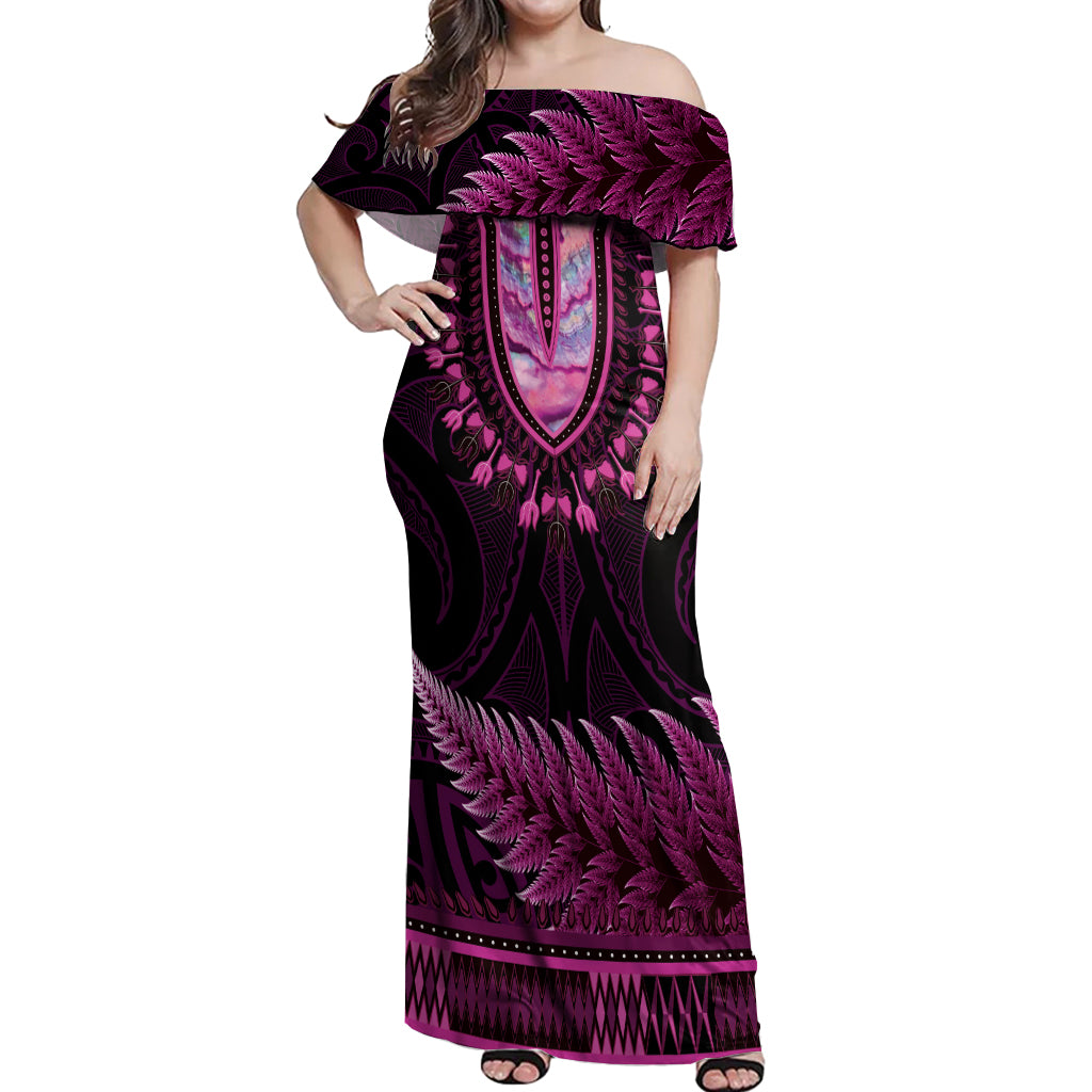Pink African Dashiki With Aotearoa Maori Off Shoulder Maxi Dress Paua Shell Mix Silver Fern LT14 Women Pink - Polynesian Pride