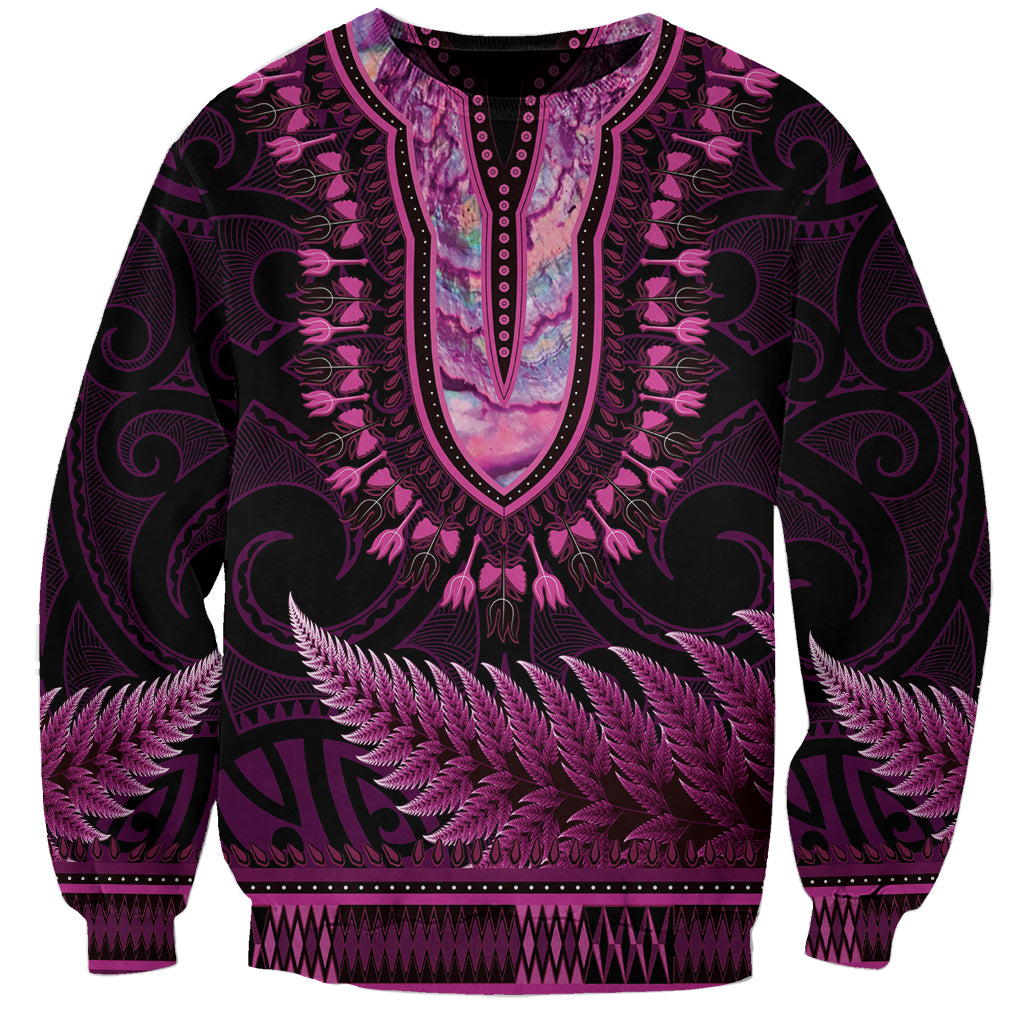 Pink African Dashiki With Aotearoa Maori Sweatshirt Paua Shell Mix Silver Fern LT14 Unisex Pink - Polynesian Pride