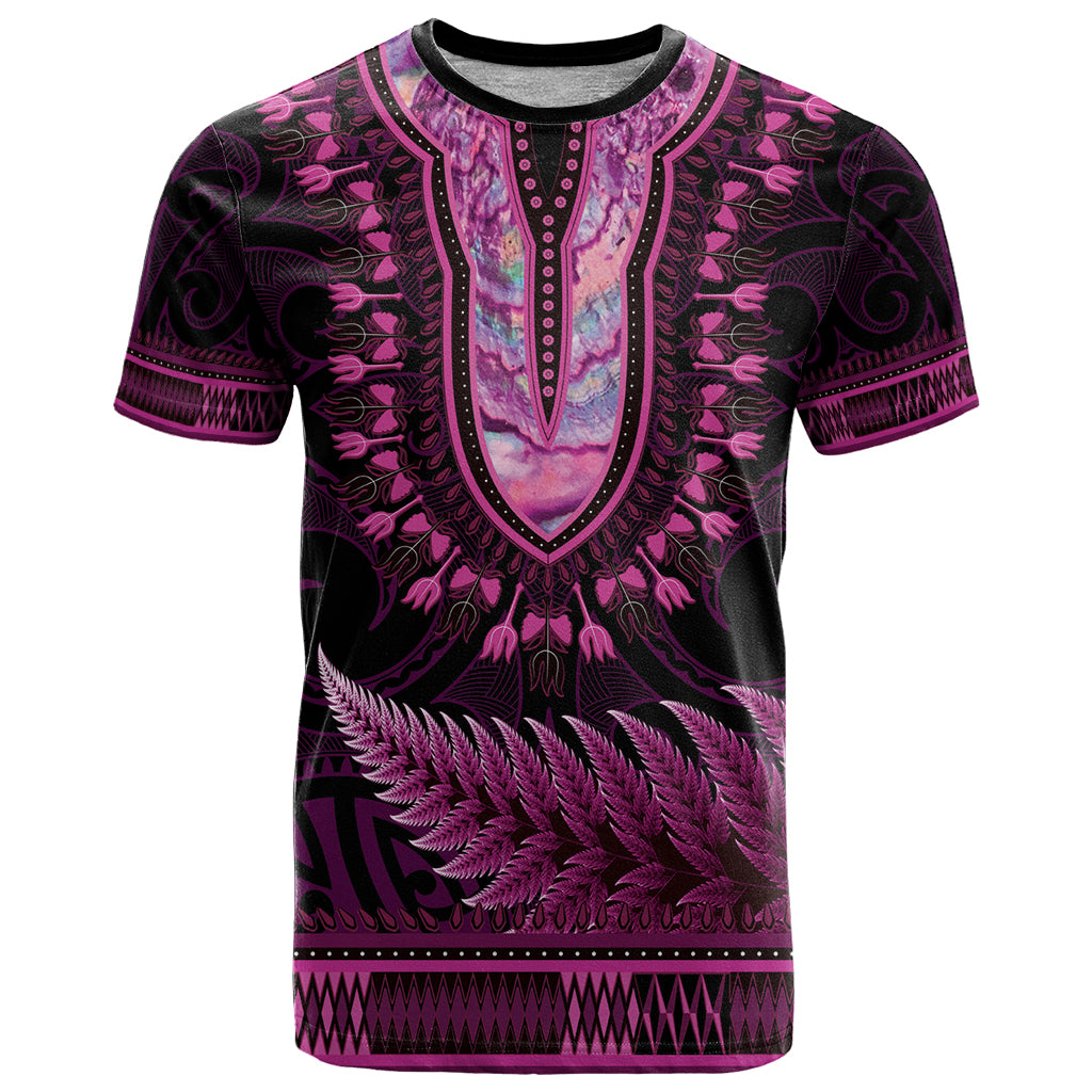 Pink African Dashiki With Aotearoa Maori T Shirt Paua Shell Mix Silver Fern LT14 Pink - Polynesian Pride