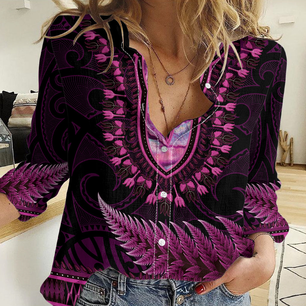 Pink African Dashiki With Aotearoa Maori Women Casual Shirt Paua Shell Mix Silver Fern LT14 Female Pink - Polynesian Pride