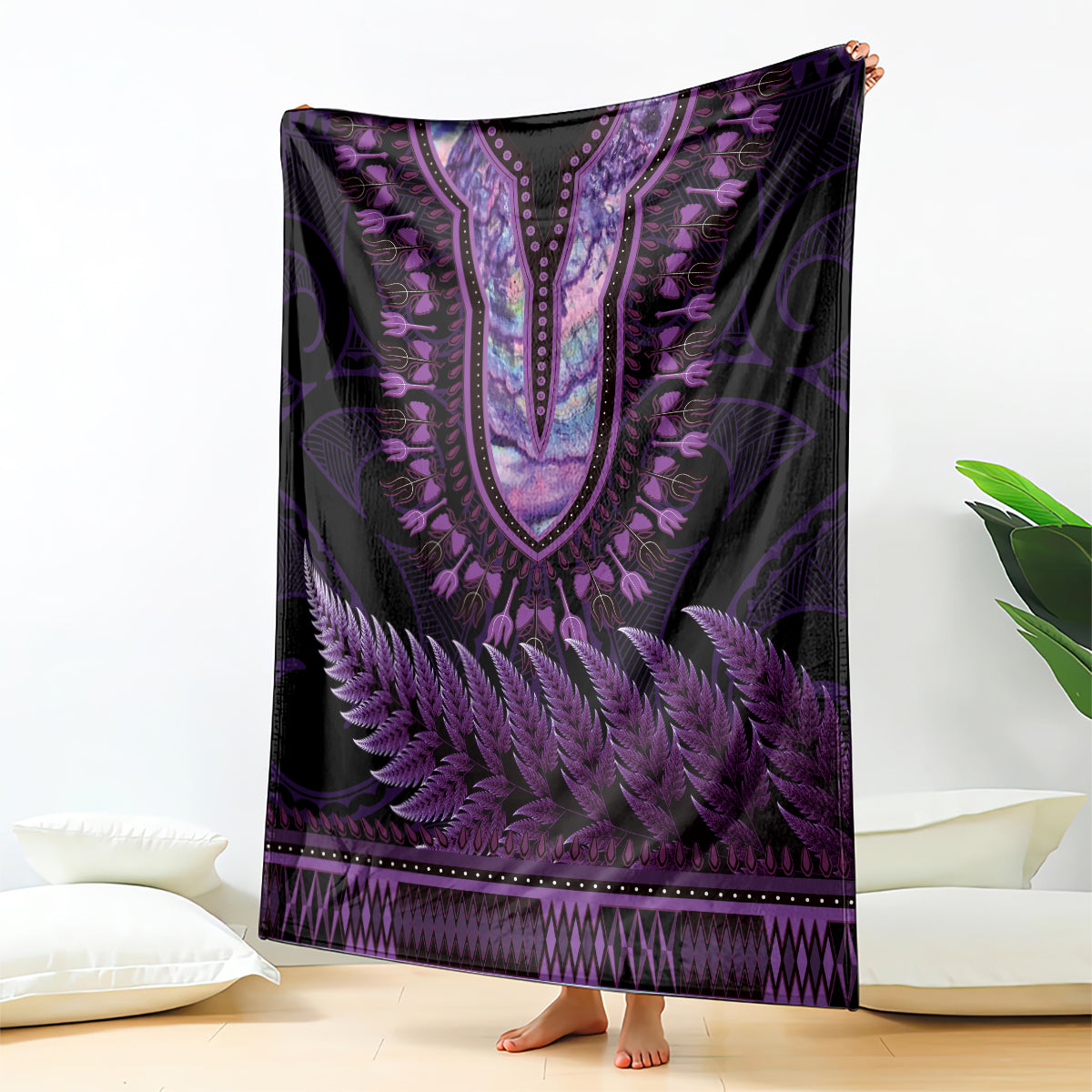 Purple African Dashiki With Aotearoa Maori Blanket Paua Shell Mix Silver Fern LT14 - Polynesian Pride