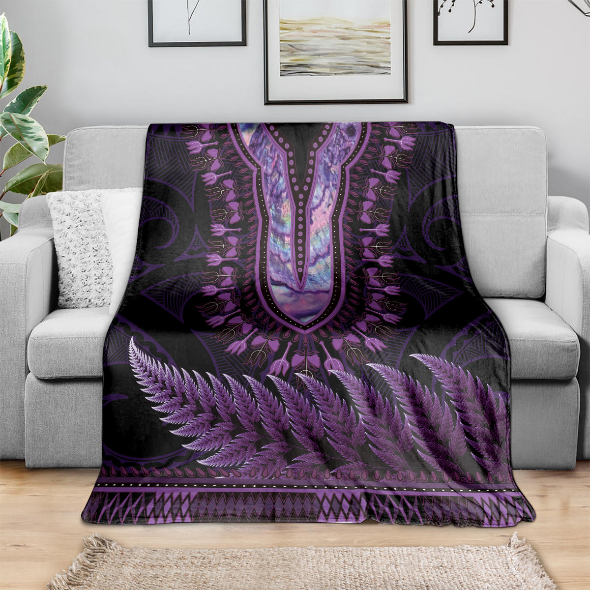 Purple African Dashiki With Aotearoa Maori Blanket Paua Shell Mix Silver Fern LT14 - Polynesian Pride