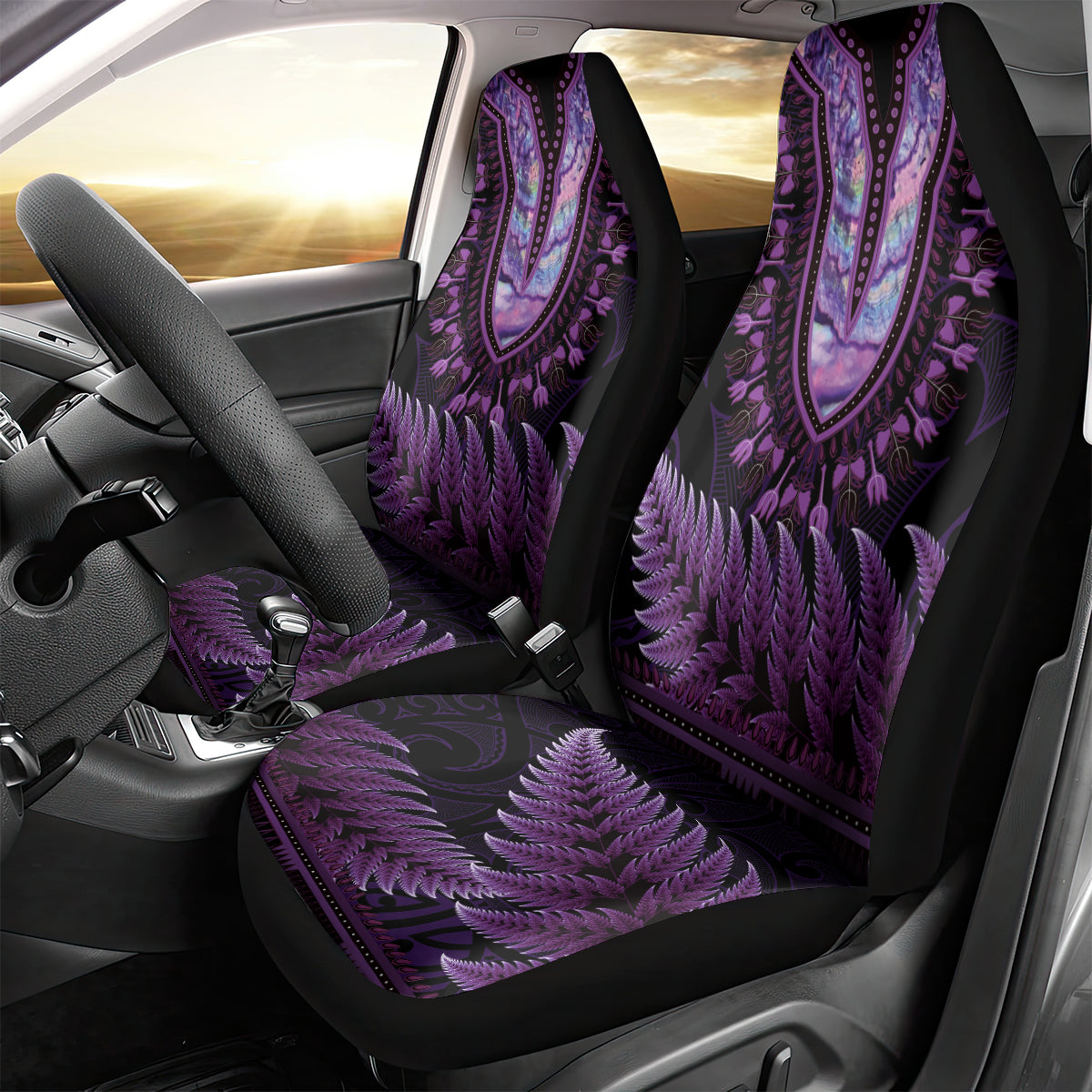 Purple African Dashiki With Aotearoa Maori Car Seat Cover Paua Shell Mix Silver Fern