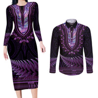 Purple African Dashiki With Aotearoa Maori Couples Matching Long Sleeve Bodycon Dress and Long Sleeve Button Shirt Paua Shell Mix Silver Fern LT14 Purple - Polynesian Pride