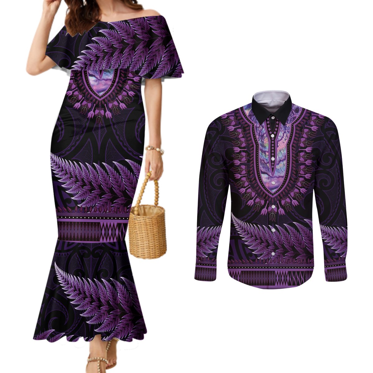 Purple African Dashiki With Aotearoa Maori Couples Matching Mermaid Dress and Long Sleeve Button Shirt Paua Shell Mix Silver Fern LT14 Purple - Polynesian Pride