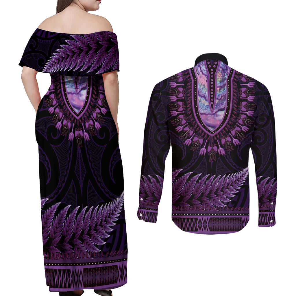 Purple African Dashiki With Aotearoa Maori Couples Matching Off Shoulder Maxi Dress and Long Sleeve Button Shirt Paua Shell Mix Silver Fern LT14 - Polynesian Pride