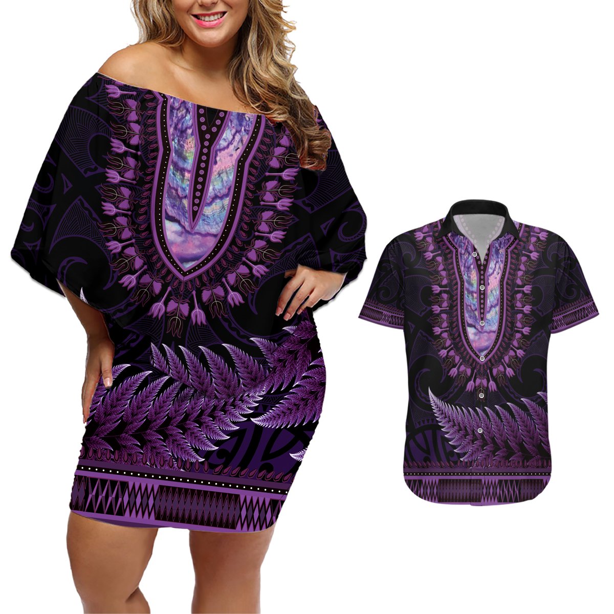 Purple African Dashiki With Aotearoa Maori Couples Matching Off Shoulder Short Dress and Hawaiian Shirt Paua Shell Mix Silver Fern LT14 Purple - Polynesian Pride