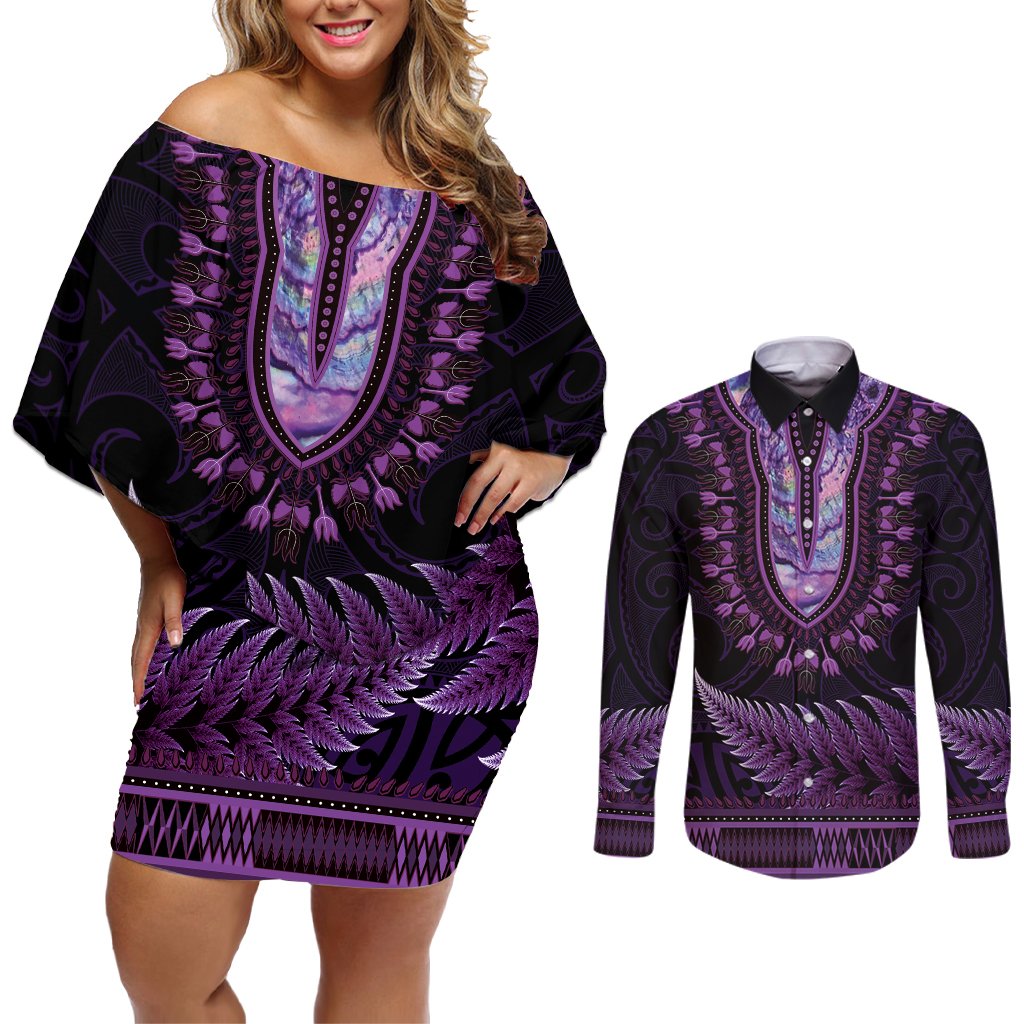 Purple African Dashiki With Aotearoa Maori Couples Matching Off Shoulder Short Dress and Long Sleeve Button Shirt Paua Shell Mix Silver Fern LT14 Purple - Polynesian Pride