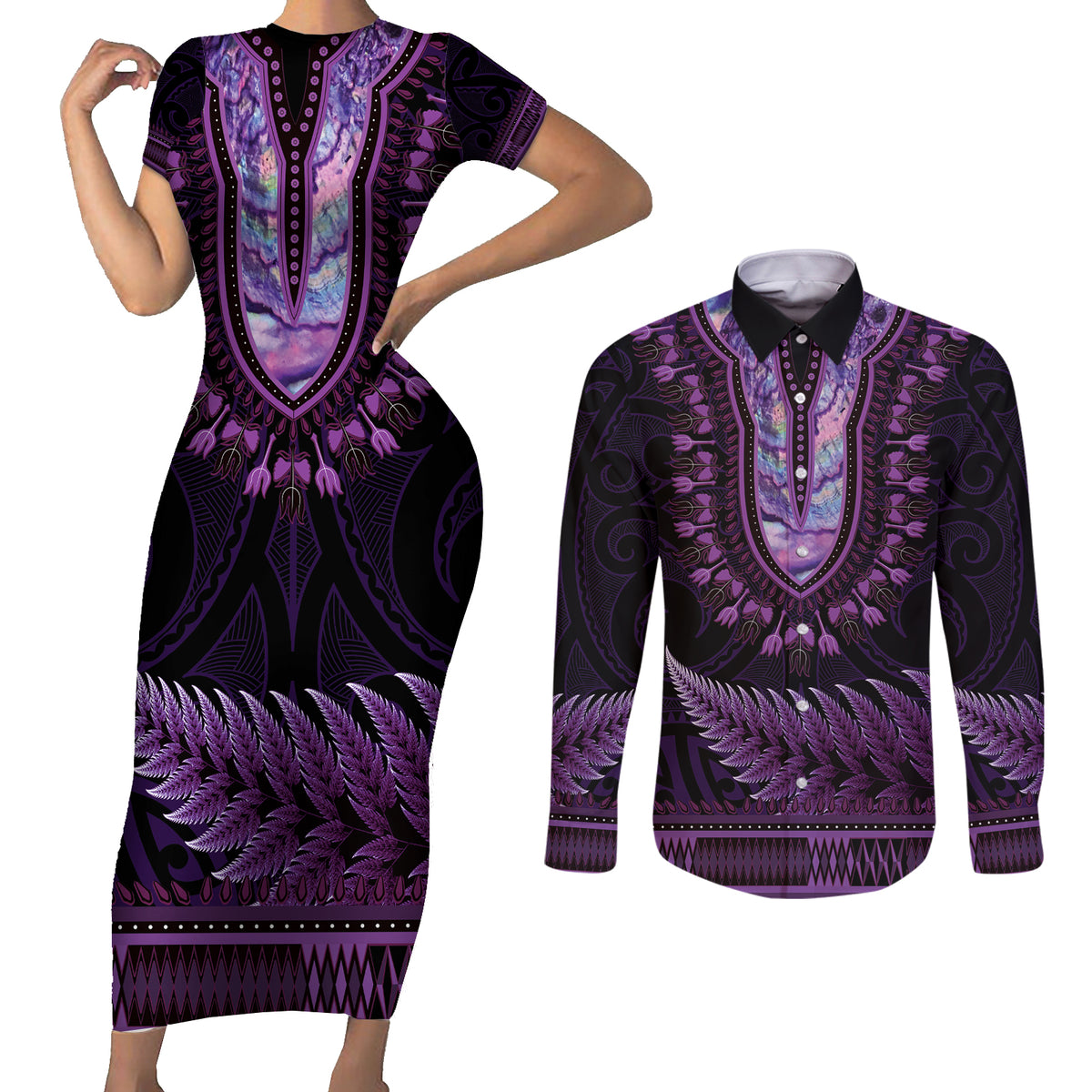 Purple African Dashiki With Aotearoa Maori Couples Matching Short Sleeve Bodycon Dress and Long Sleeve Button Shirt Paua Shell Mix Silver Fern LT14 Purple - Polynesian Pride