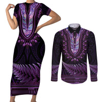 Purple African Dashiki With Aotearoa Maori Couples Matching Short Sleeve Bodycon Dress and Long Sleeve Button Shirt Paua Shell Mix Silver Fern LT14 Purple - Polynesian Pride
