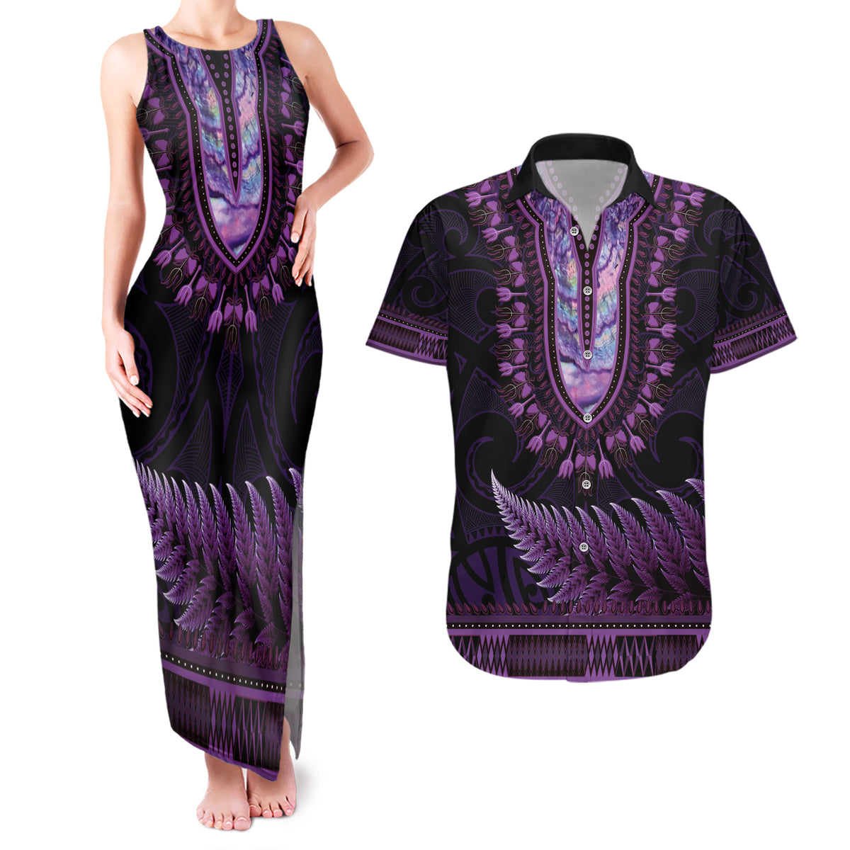 Purple African Dashiki With Aotearoa Maori Couples Matching Tank Maxi Dress and Hawaiian Shirt Paua Shell Mix Silver Fern LT14 Purple - Polynesian Pride