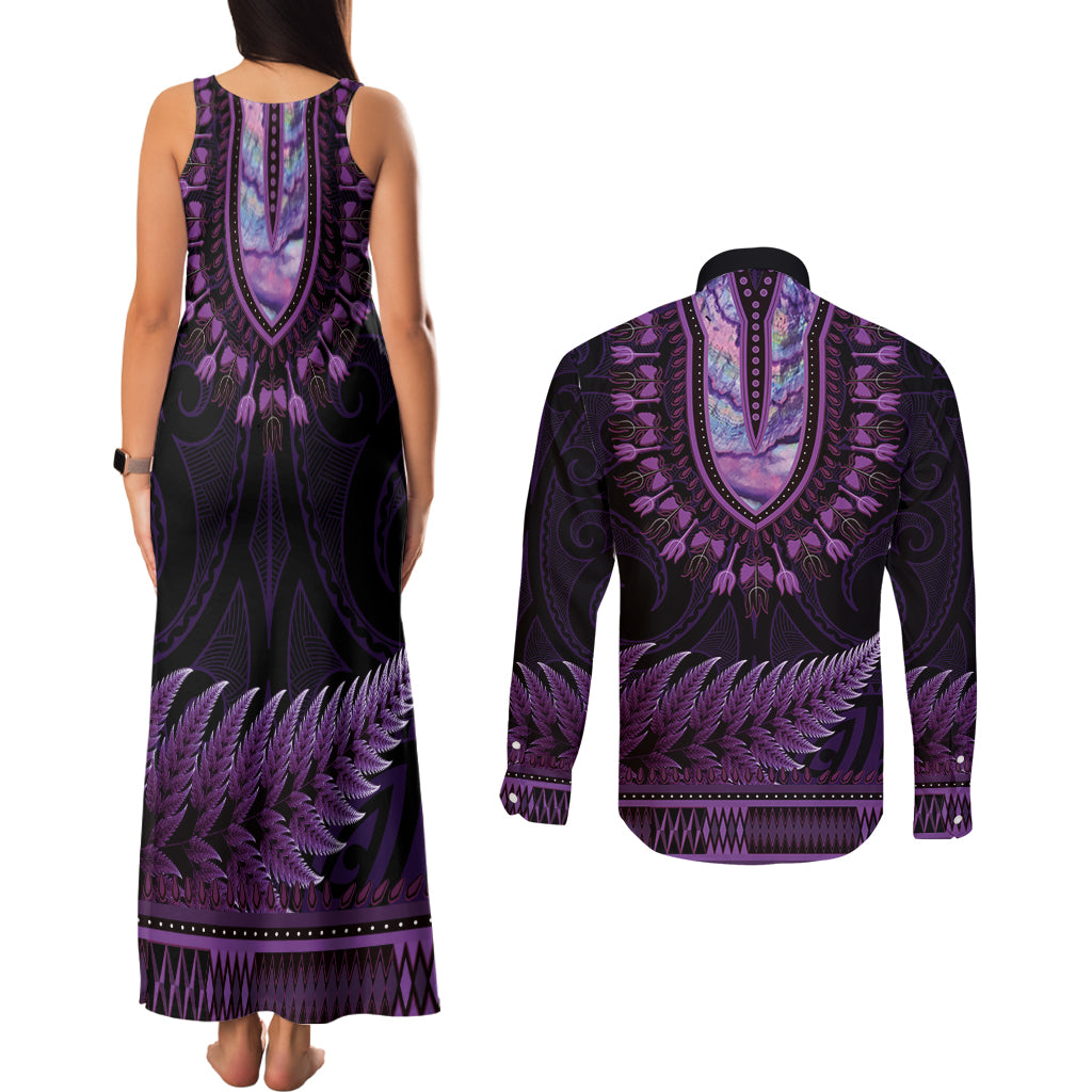 Purple African Dashiki With Aotearoa Maori Couples Matching Tank Maxi Dress and Long Sleeve Button Shirt Paua Shell Mix Silver Fern LT14 - Polynesian Pride