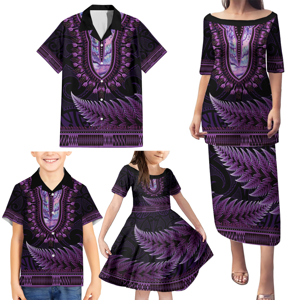 Purple African Dashiki With Aotearoa Maori Family Matching Puletasi and Hawaiian Shirt Paua Shell Mix Silver Fern LT14 - Polynesian Pride