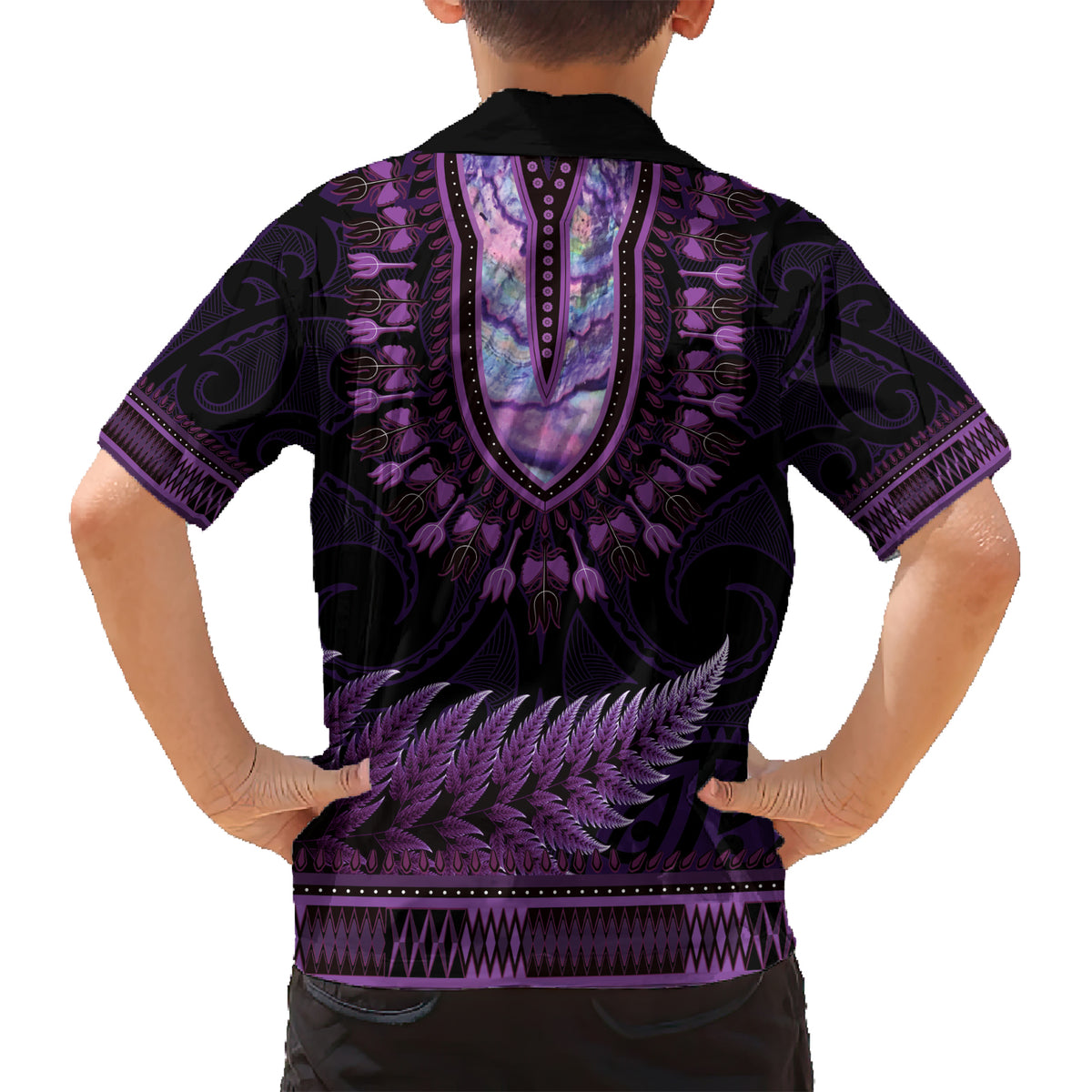 Purple African Dashiki With Aotearoa Maori Family Matching Short Sleeve Bodycon Dress and Hawaiian Shirt Paua Shell Mix Silver Fern LT14 - Polynesian Pride