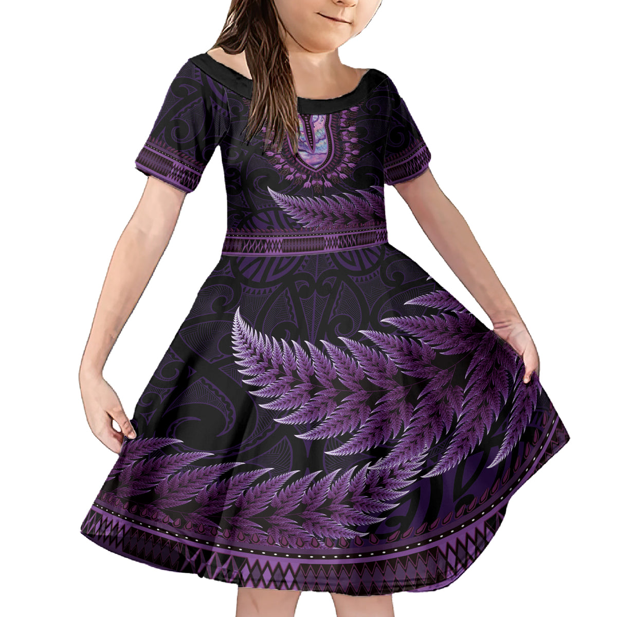 Purple African Dashiki With Aotearoa Maori Family Matching Short Sleeve Bodycon Dress and Hawaiian Shirt Paua Shell Mix Silver Fern LT14 Daughter's Dress Purple - Polynesian Pride