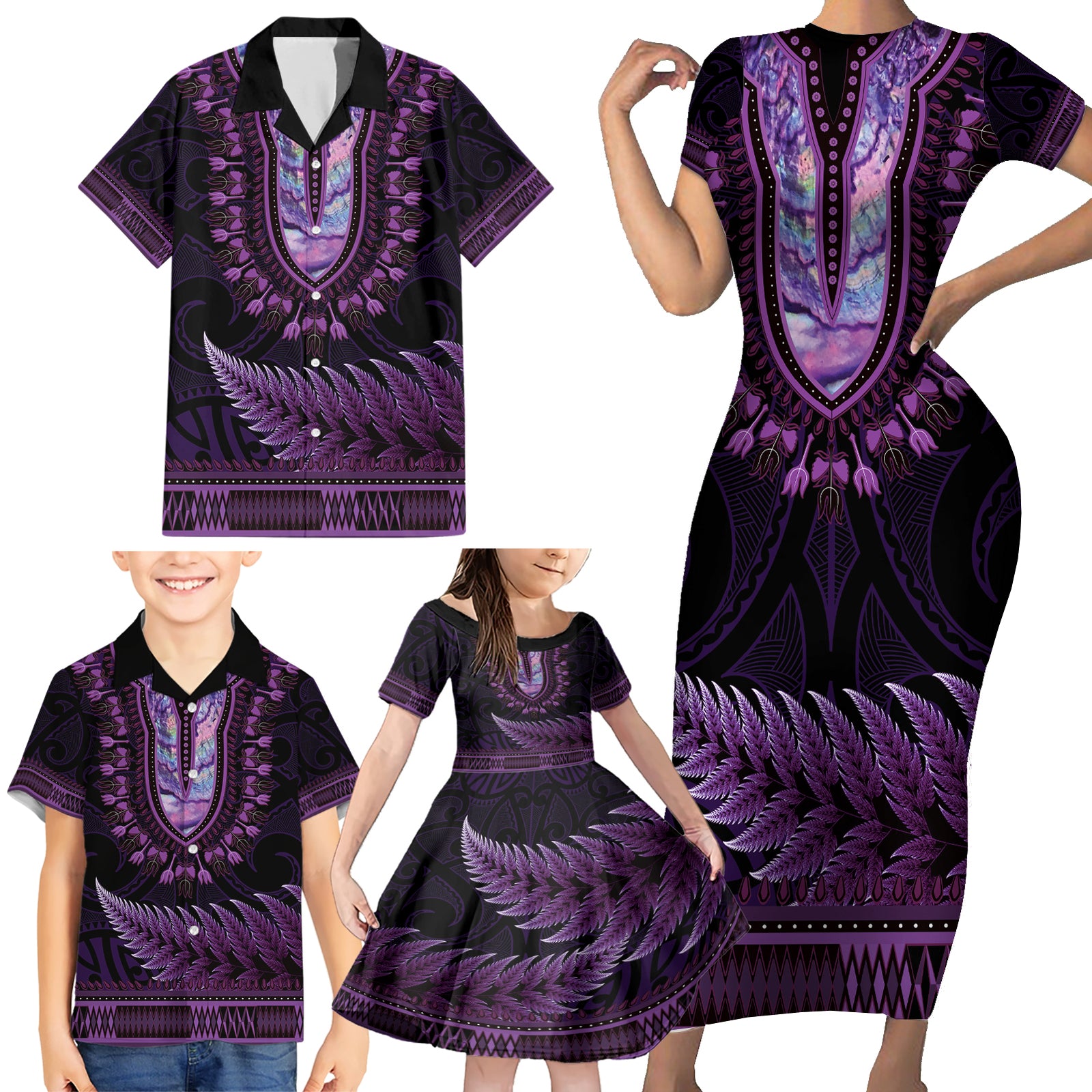 Purple African Dashiki With Aotearoa Maori Family Matching Short Sleeve Bodycon Dress and Hawaiian Shirt Paua Shell Mix Silver Fern LT14 - Polynesian Pride