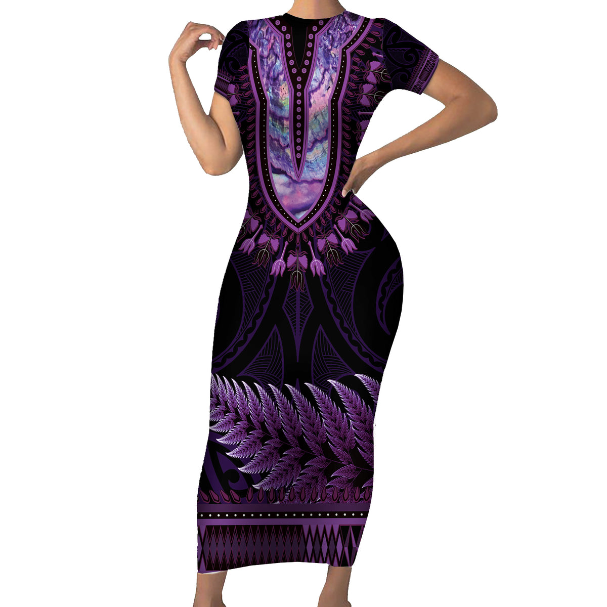 Purple African Dashiki With Aotearoa Maori Family Matching Short Sleeve Bodycon Dress and Hawaiian Shirt Paua Shell Mix Silver Fern LT14 Mom's Dress Purple - Polynesian Pride