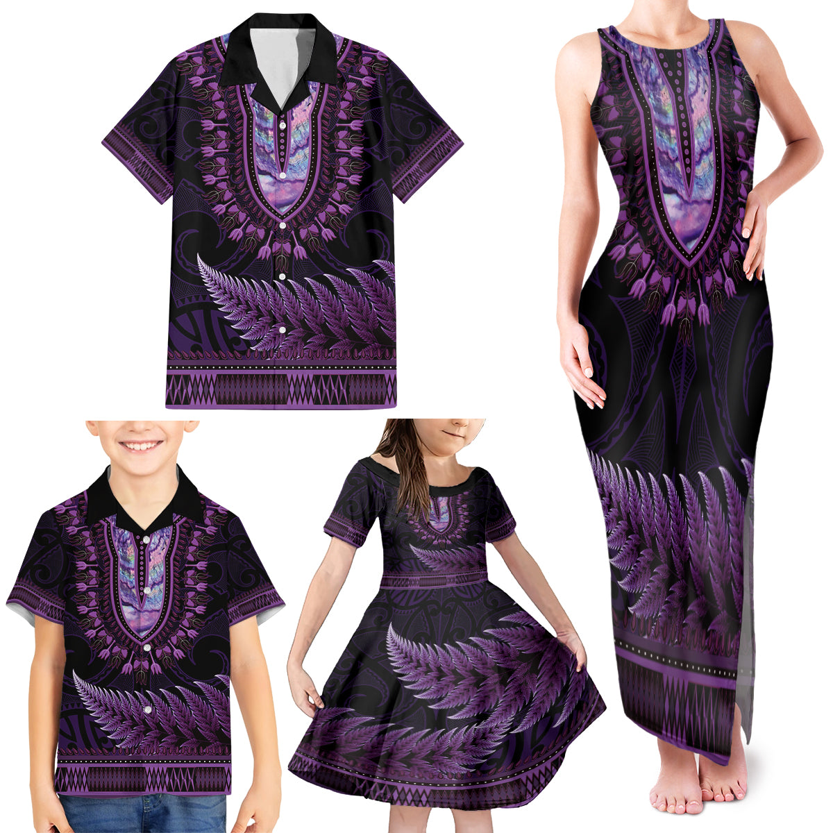 Purple African Dashiki With Aotearoa Maori Family Matching Tank Maxi Dress and Hawaiian Shirt Paua Shell Mix Silver Fern LT14 - Polynesian Pride