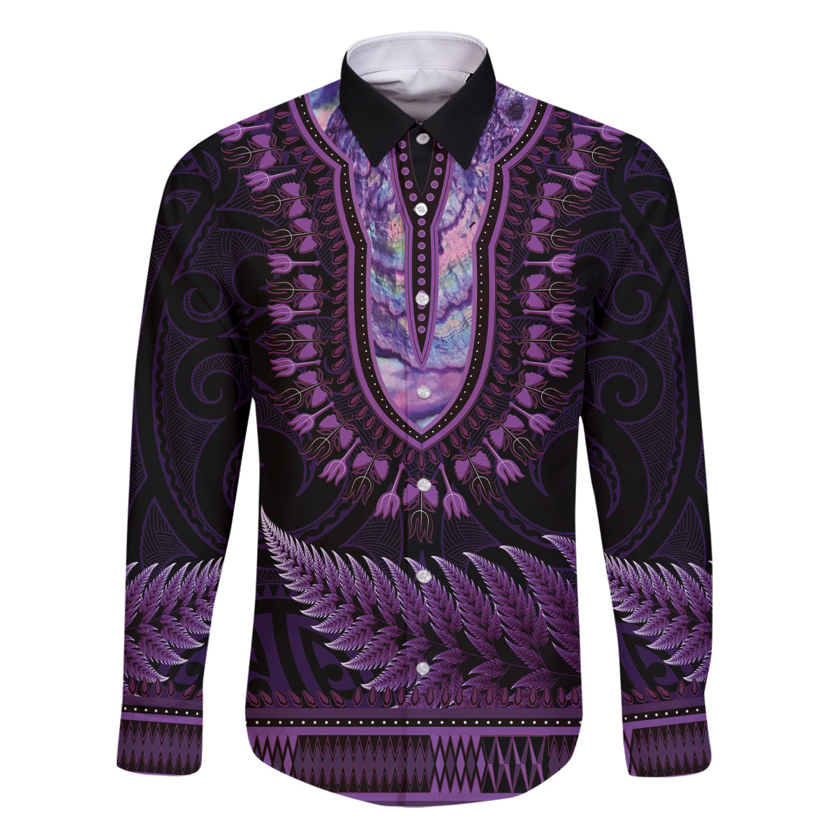 Purple African Dashiki With Aotearoa Maori Family Matching Tank Maxi Dress and Hawaiian Shirt Paua Shell Mix Silver Fern LT14 Dad's Shirt - Long Sleeve Purple - Polynesian Pride