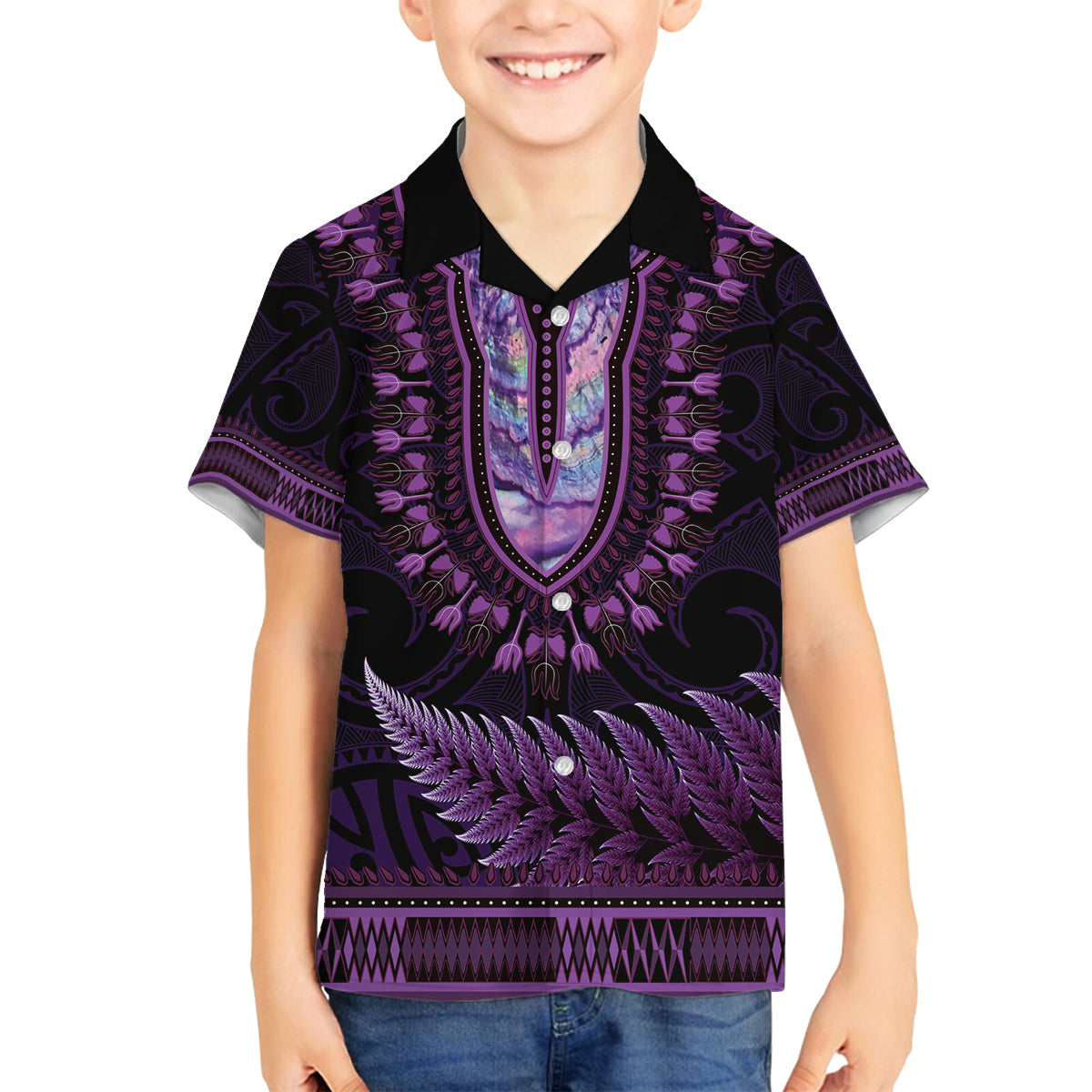 Purple African Dashiki With Aotearoa Maori Family Matching Tank Maxi Dress and Hawaiian Shirt Paua Shell Mix Silver Fern LT14 Son's Shirt Purple - Polynesian Pride