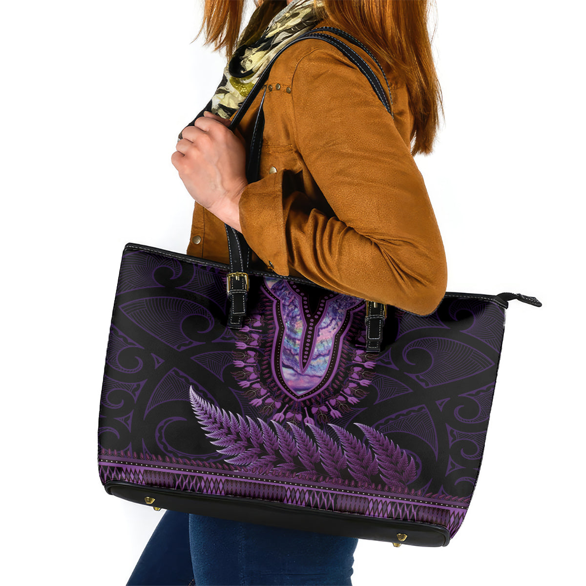 Purple African Dashiki With Aotearoa Maori Leather Tote Bag Paua Shell Mix Silver Fern LT14 Purple - Polynesian Pride
