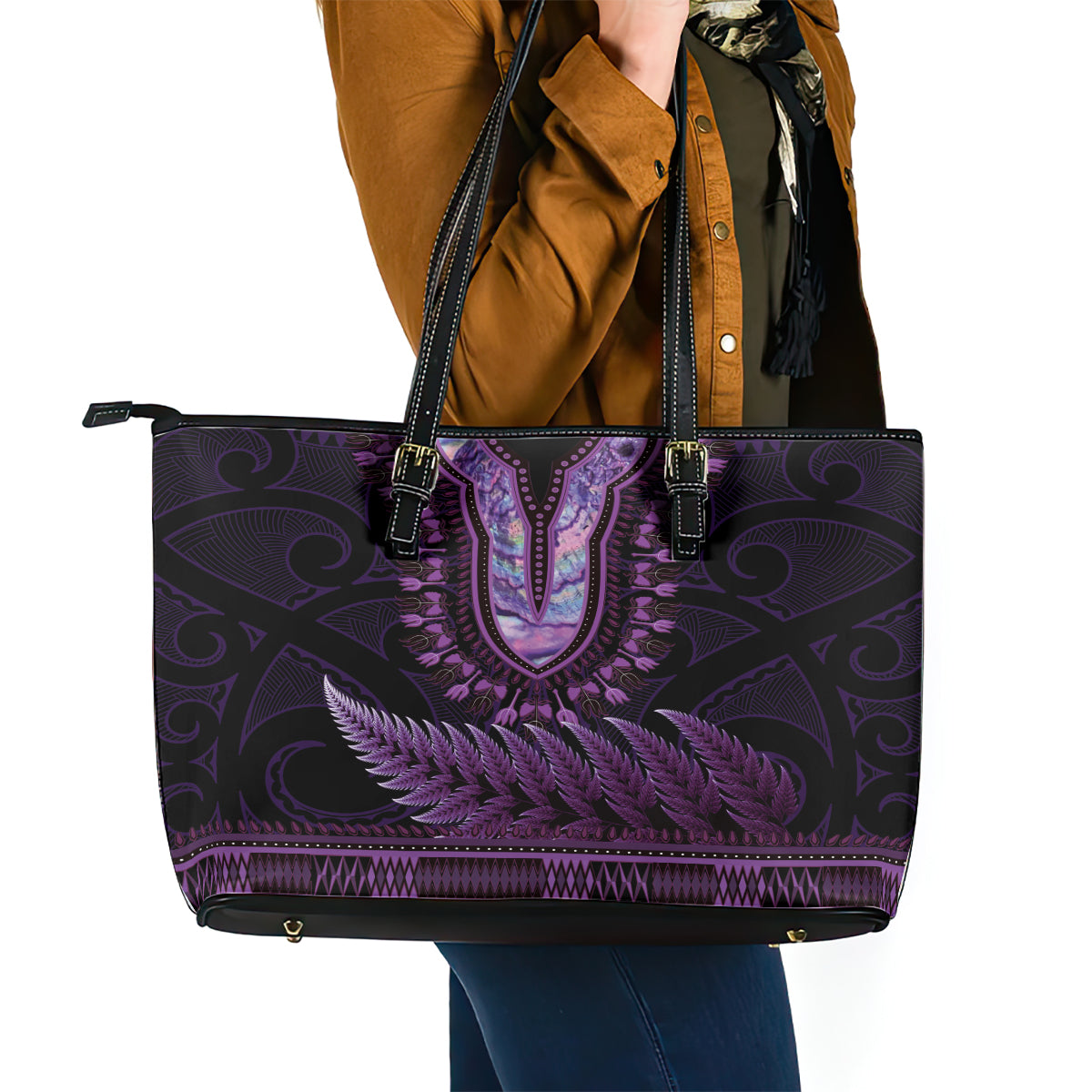 Purple African Dashiki With Aotearoa Maori Leather Tote Bag Paua Shell Mix Silver Fern LT14 - Polynesian Pride