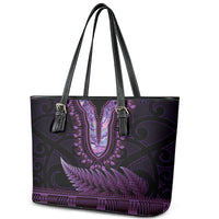 Purple African Dashiki With Aotearoa Maori Leather Tote Bag Paua Shell Mix Silver Fern LT14 - Polynesian Pride