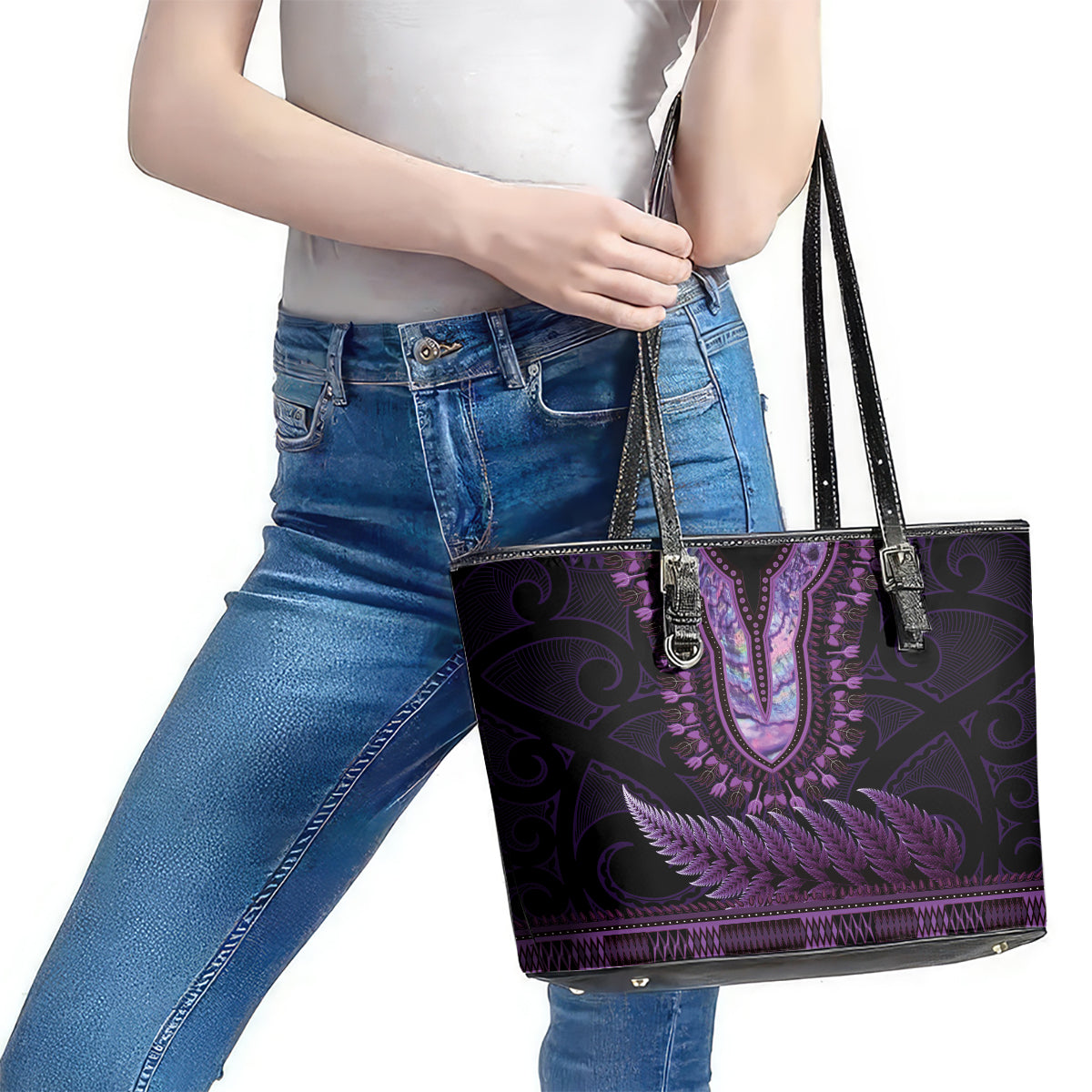 Purple African Dashiki With Aotearoa Maori Leather Tote Bag Paua Shell Mix Silver Fern LT14 - Polynesian Pride