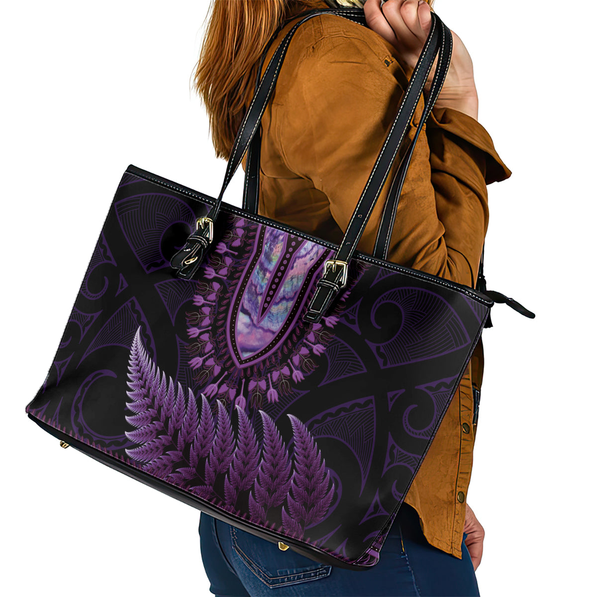 Purple African Dashiki With Aotearoa Maori Leather Tote Bag Paua Shell Mix Silver Fern LT14 - Polynesian Pride