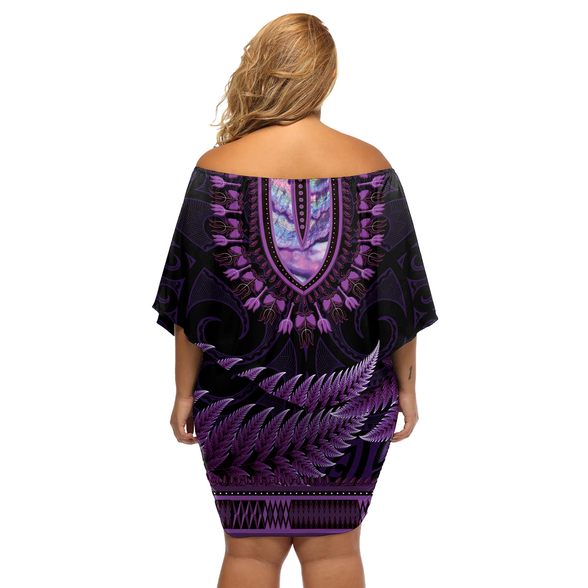 Purple African Dashiki With Aotearoa Maori Off Shoulder Short Dress Paua Shell Mix Silver Fern