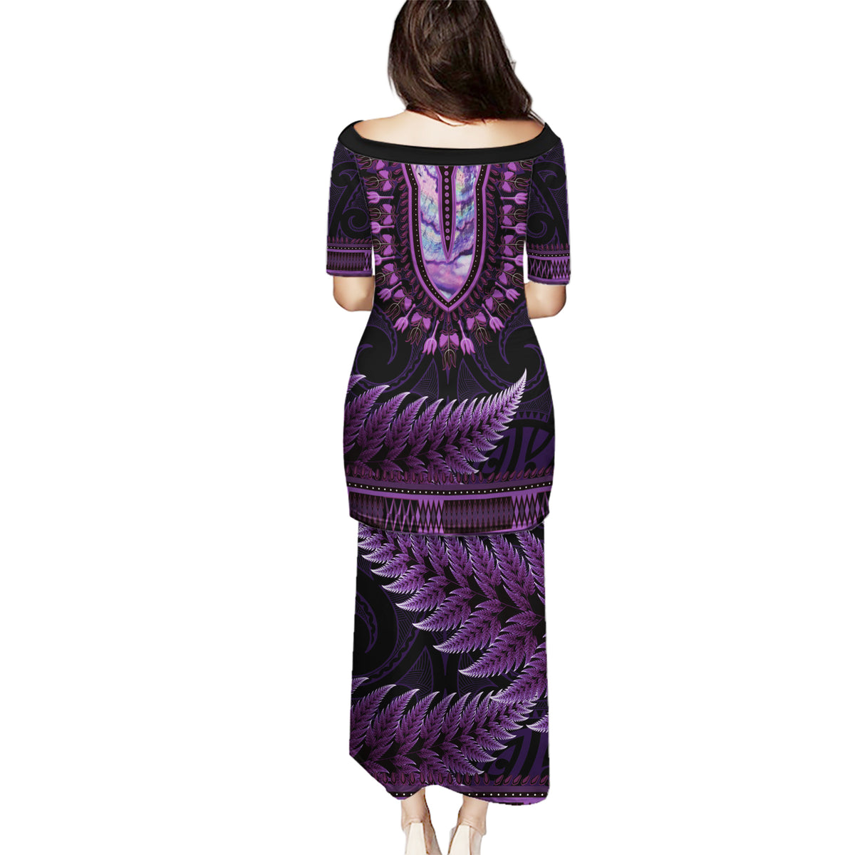 Purple African Dashiki With Aotearoa Maori Puletasi Paua Shell Mix Silver Fern