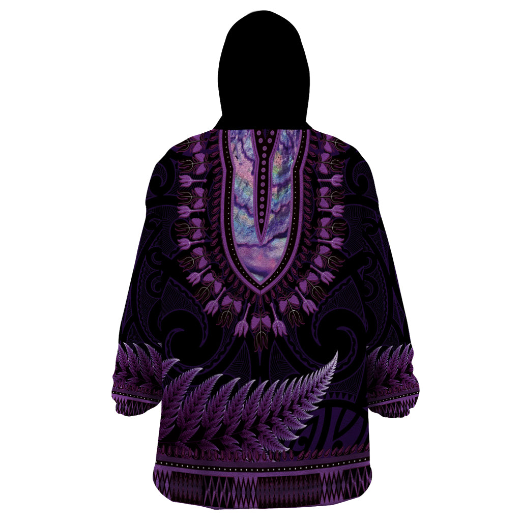 Purple African Dashiki With Aotearoa Maori Wearable Blanket Hoodie Paua Shell Mix Silver Fern