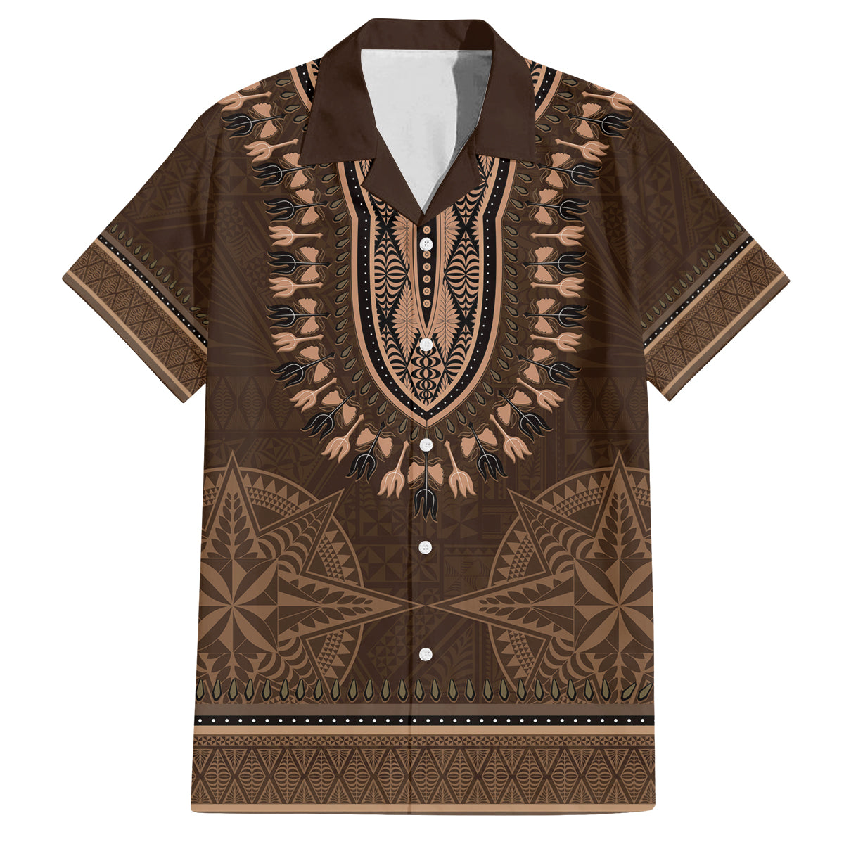 Brown African Dashiki With Tonga Ngatu Pattern Family Matching Off The Shoulder Long Sleeve Dress and Hawaiian Shirt