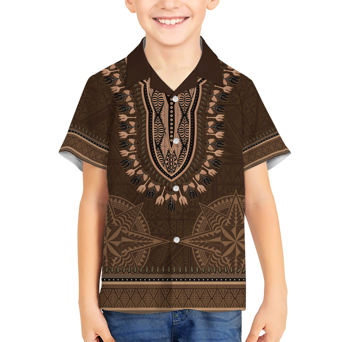 Brown African Dashiki With Tonga Ngatu Pattern Family Matching Short Sleeve Bodycon Dress and Hawaiian Shirt